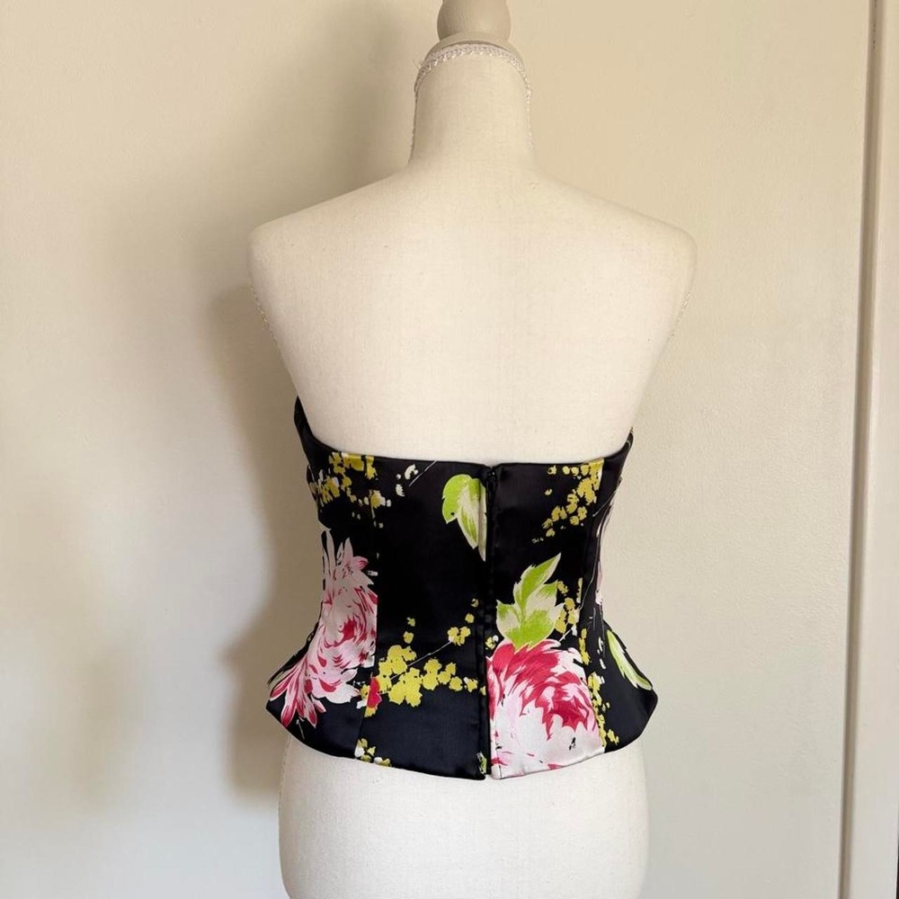 Kay Unger whimsygoth silk black floral corset top with pink & green flowers - Picture 2 of 5